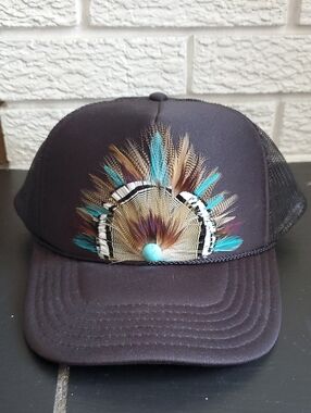 OTTO Black Mesh Trucker Cap Hat with Feathers Turquose Accent First Nations